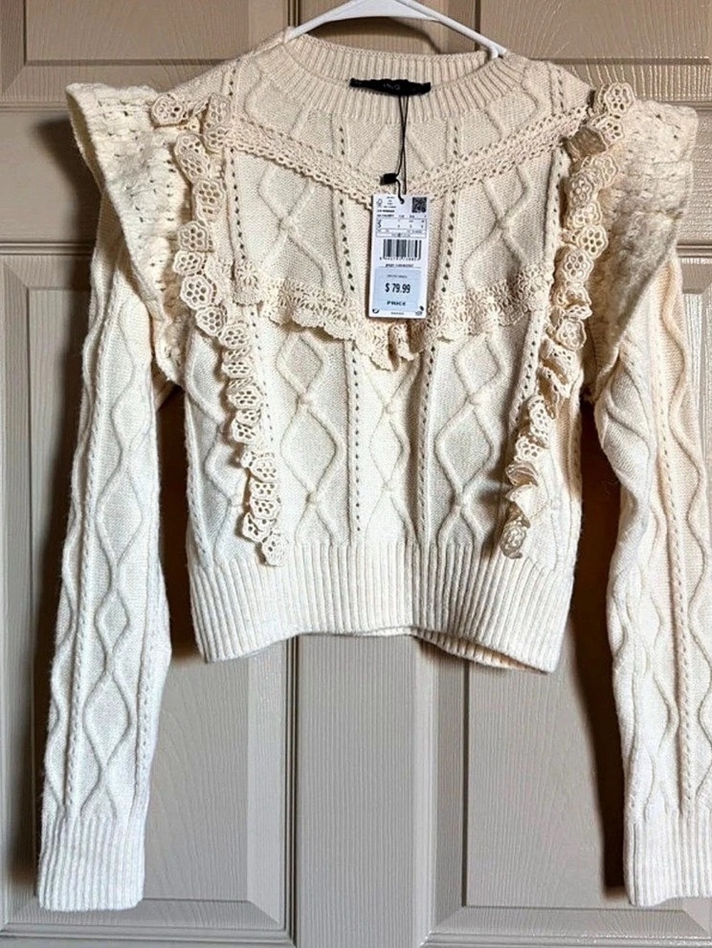 Mango Sweater Farmer Lace Trim Cable Knit Cream Size Small NWT